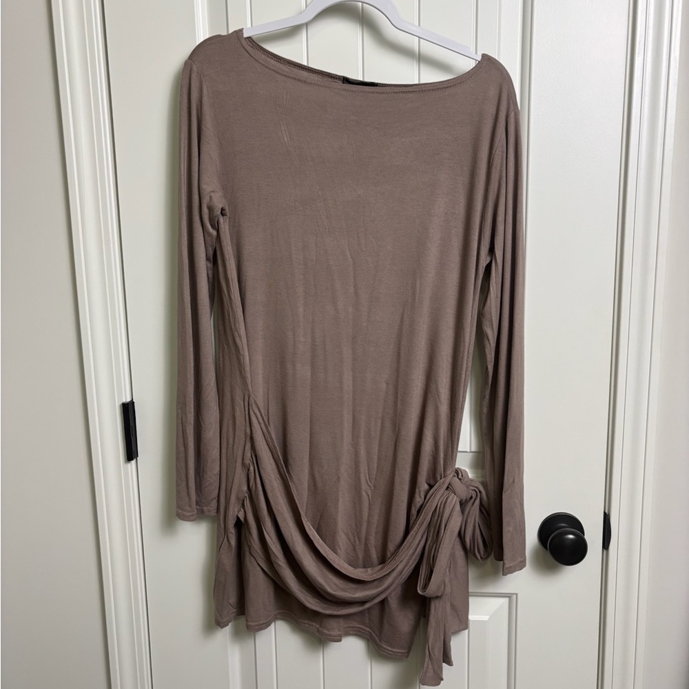 Maternity Women's Long-Sleeve Taupe Tunic Dress or Too with Side Knot